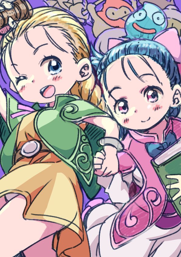 勇者斗恶龙、dragon quest monsters 4、勇者斗恶龙5 2名女孩 幼化 举手 腰带 金发