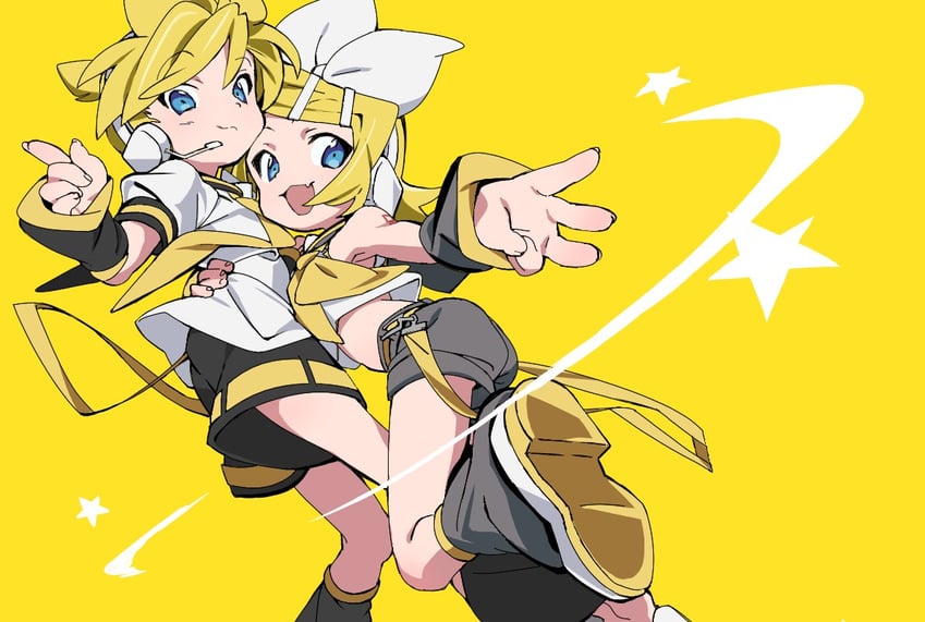 VOCALOID、镜音连、镜音铃 1名男孩 1名女孩 金发 蓝眼 蝴蝶结