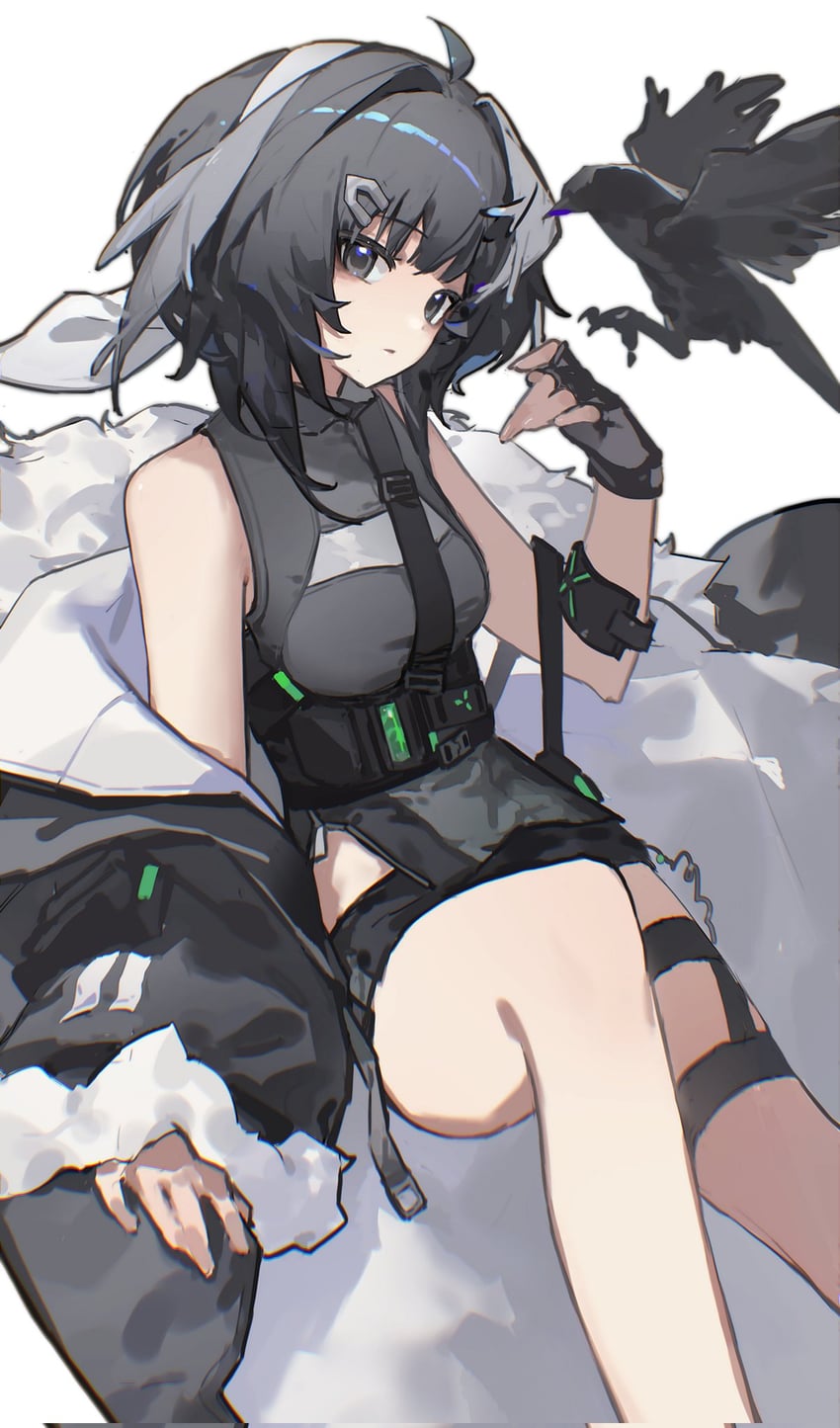 明日方舟、羽毛笔 (明日方舟) 1名女孩 1个其他角色 臂带 裸腿 露肩