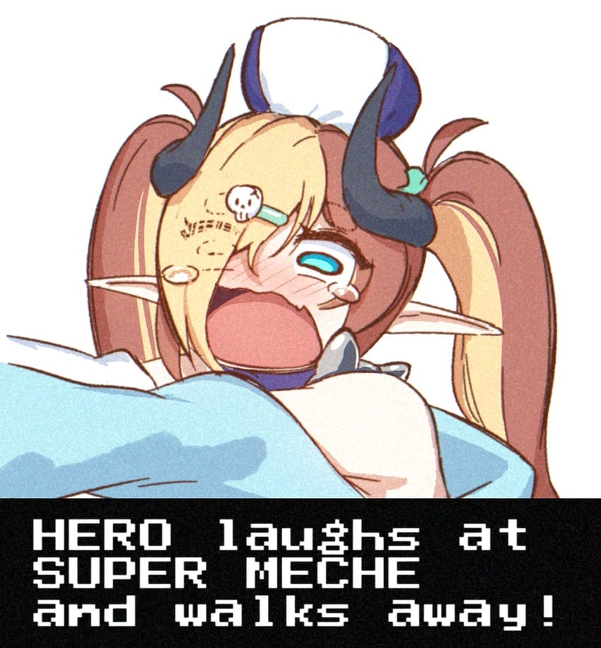 个人势虚拟主播、super meche 1名女孩 水色瞳 黑角 金发 脸红