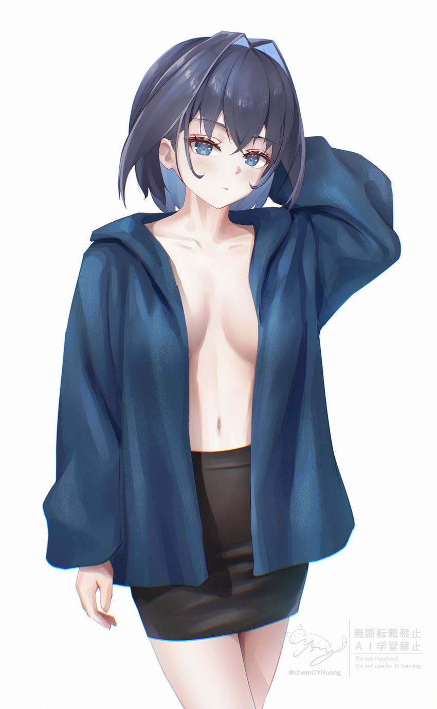 Hololive、Hololive英语、议会 (Kronii) 1名女孩 手放在头后 举手 黑色裙子 蓝眼