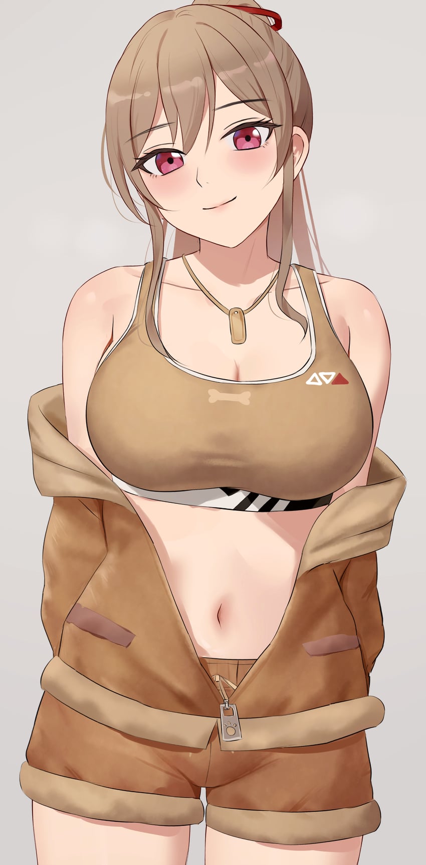 彩虹社、芙莲·E·露丝塔莉欧、芙莲·E·露丝塔莉欧 (第5套服装) 1名女孩 脸红 乳房 棕发 棕色运动胸罩