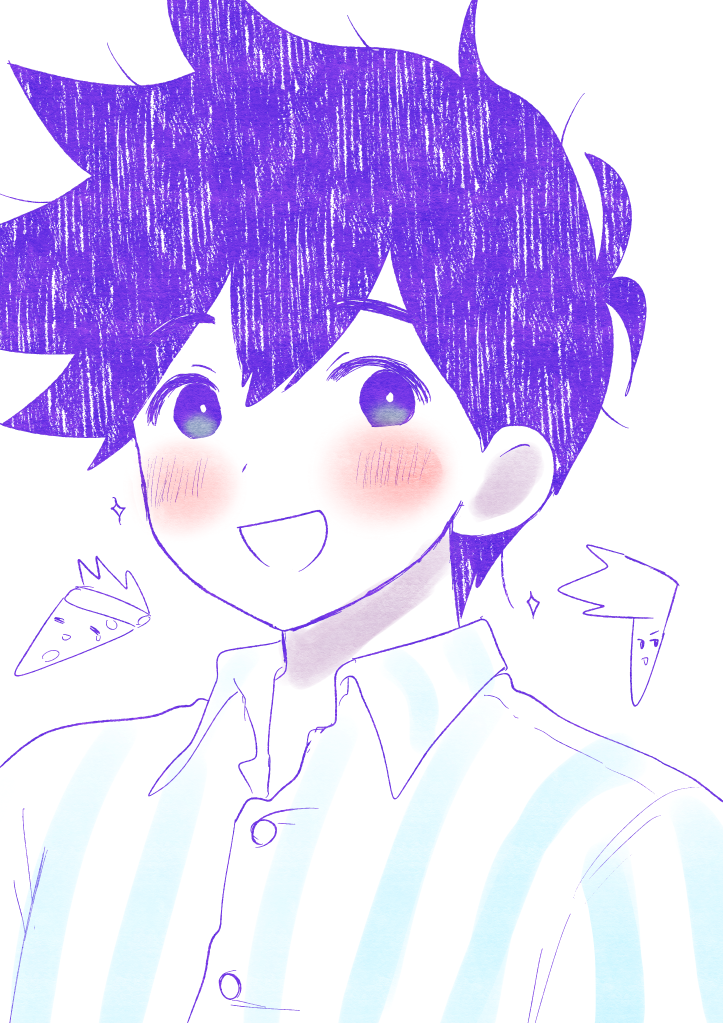 OMORI、Hero (精神世界) (OMORI)、Hero (OMORI) 1名男孩 :D 呆毛 手放在身体两侧 蓝色衬衫