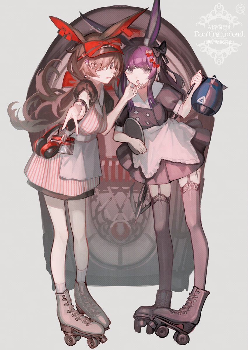 明日方舟、四月 (明日方舟)、暗索 2名女孩 惊讶 替换服装 兽耳 围裙