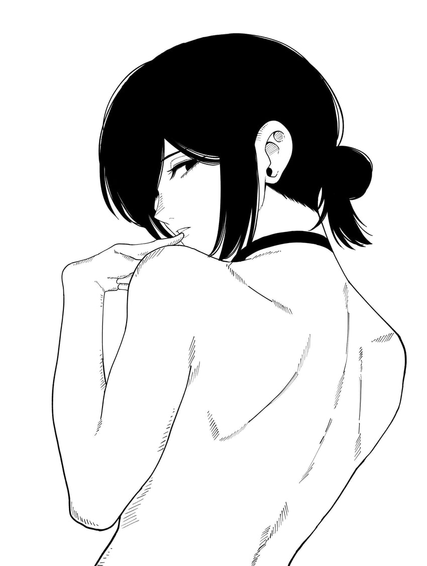 电锯人、蕾塞 (电锯人) 1名女孩 黑色项圈 项圈 背对 手指放嘴边