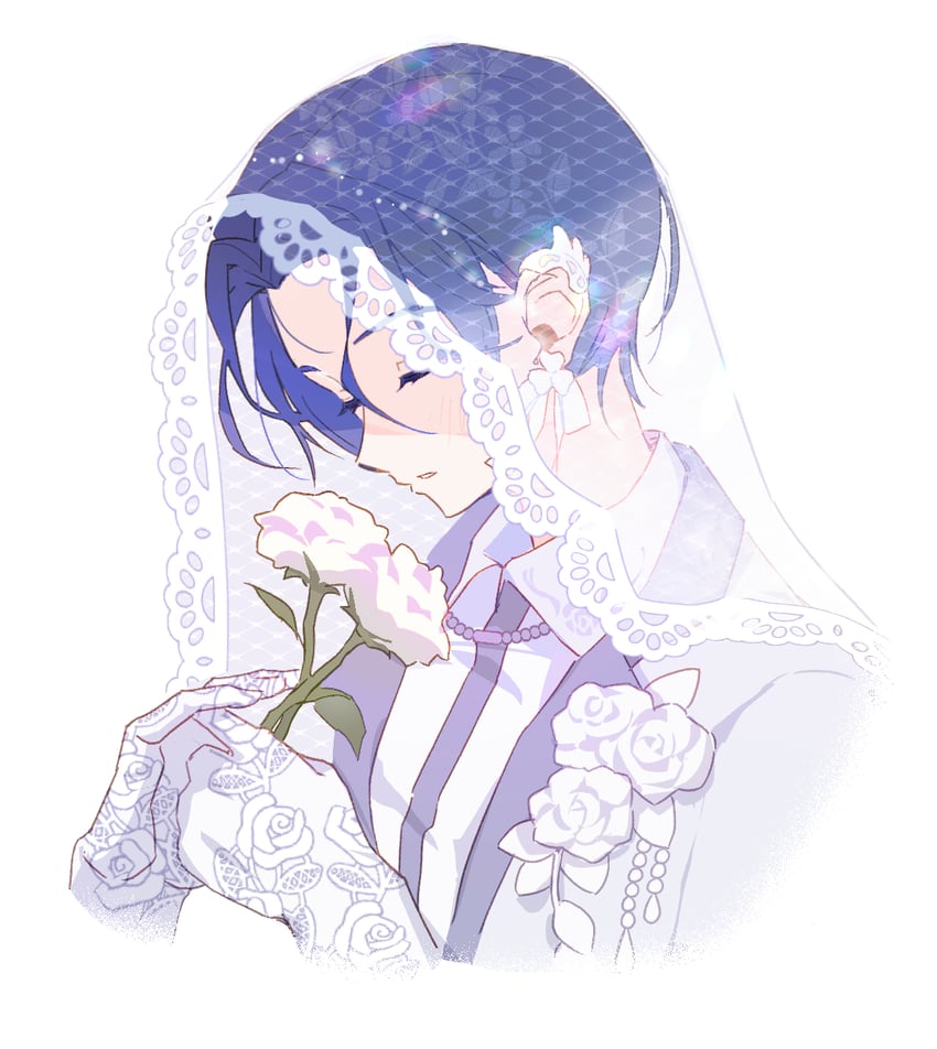 世界计划、VOCALOID、KAITO 1名男孩 蓝发 脸红 婚纱面纱 闭眼