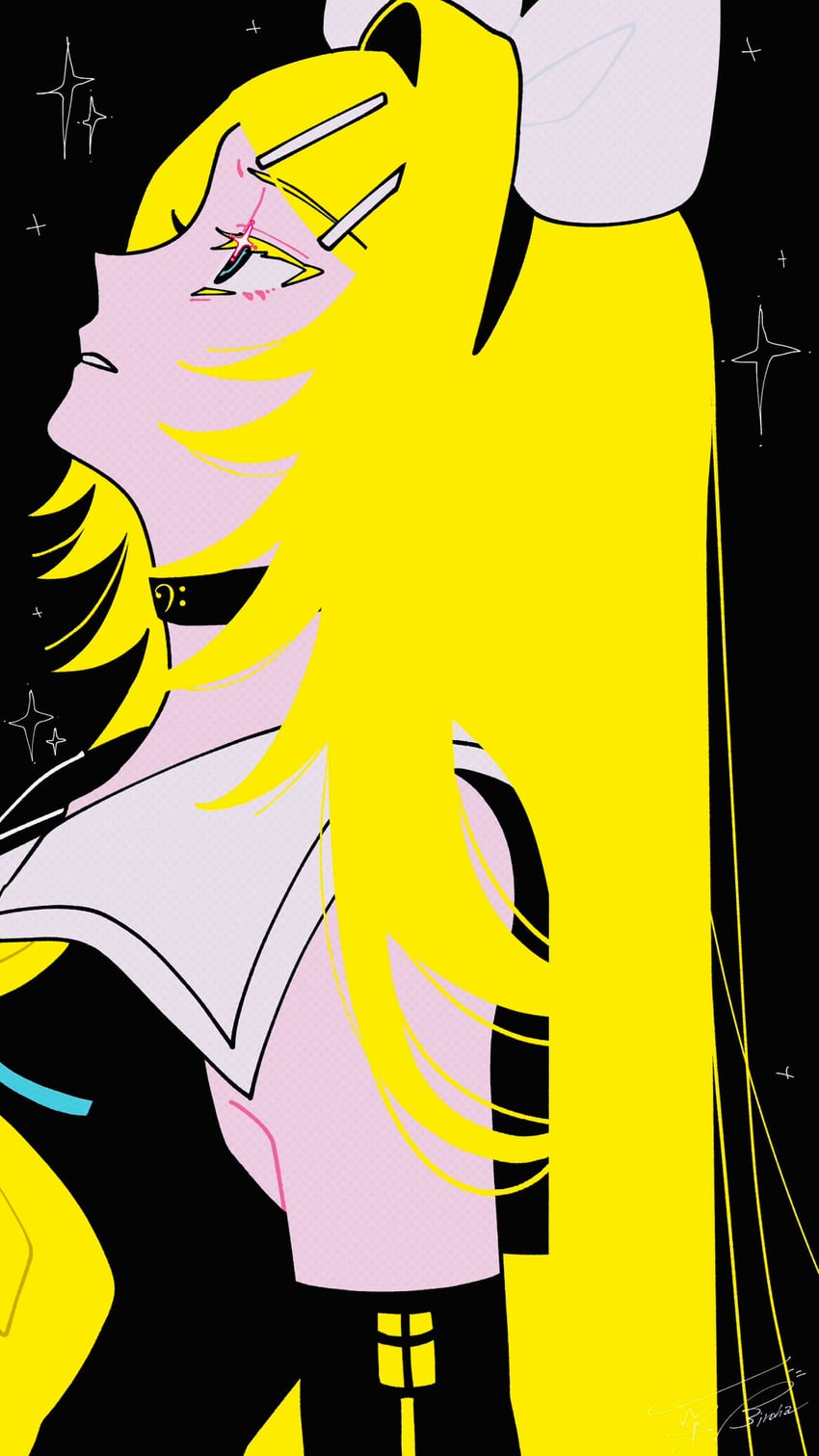 炉心融解 (Vocaloid)、VOCALOID、镜音铃 1名女孩 低音谱号 黑色背景 金发 蓝眼