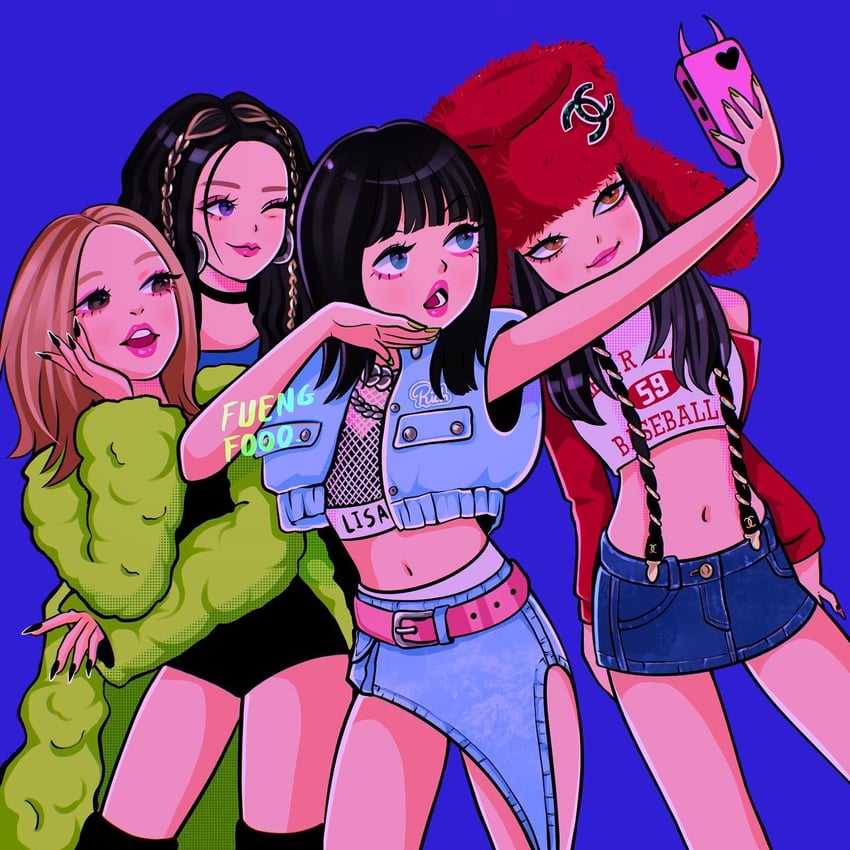 BLACKPINK、金珍妮 (BLACKPINK)、金智秀 (BLACKPINK) 4个女孩 黑色指甲 蓝眼 棕眼睛 锁链