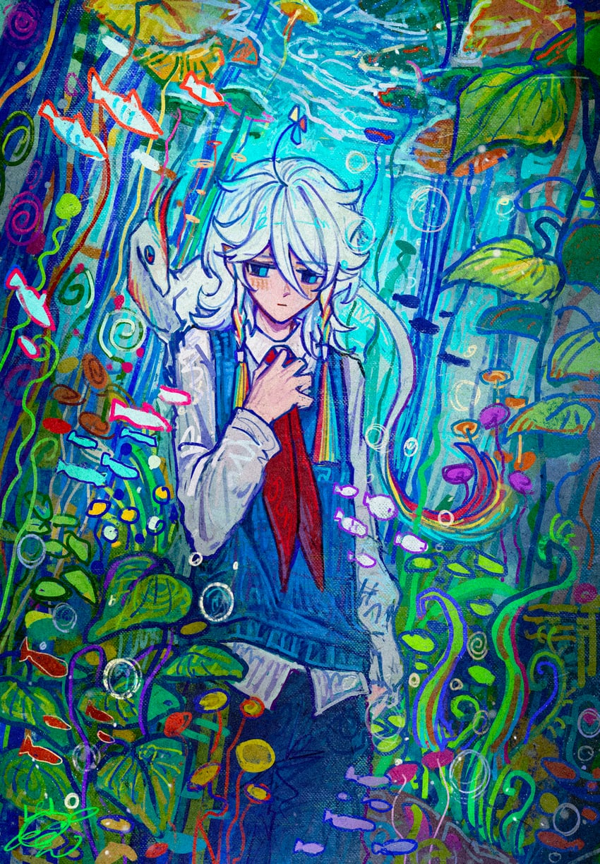 原创 1名男孩 蓝眼 蓝色背心毛衣 牛仔镜头 鱼