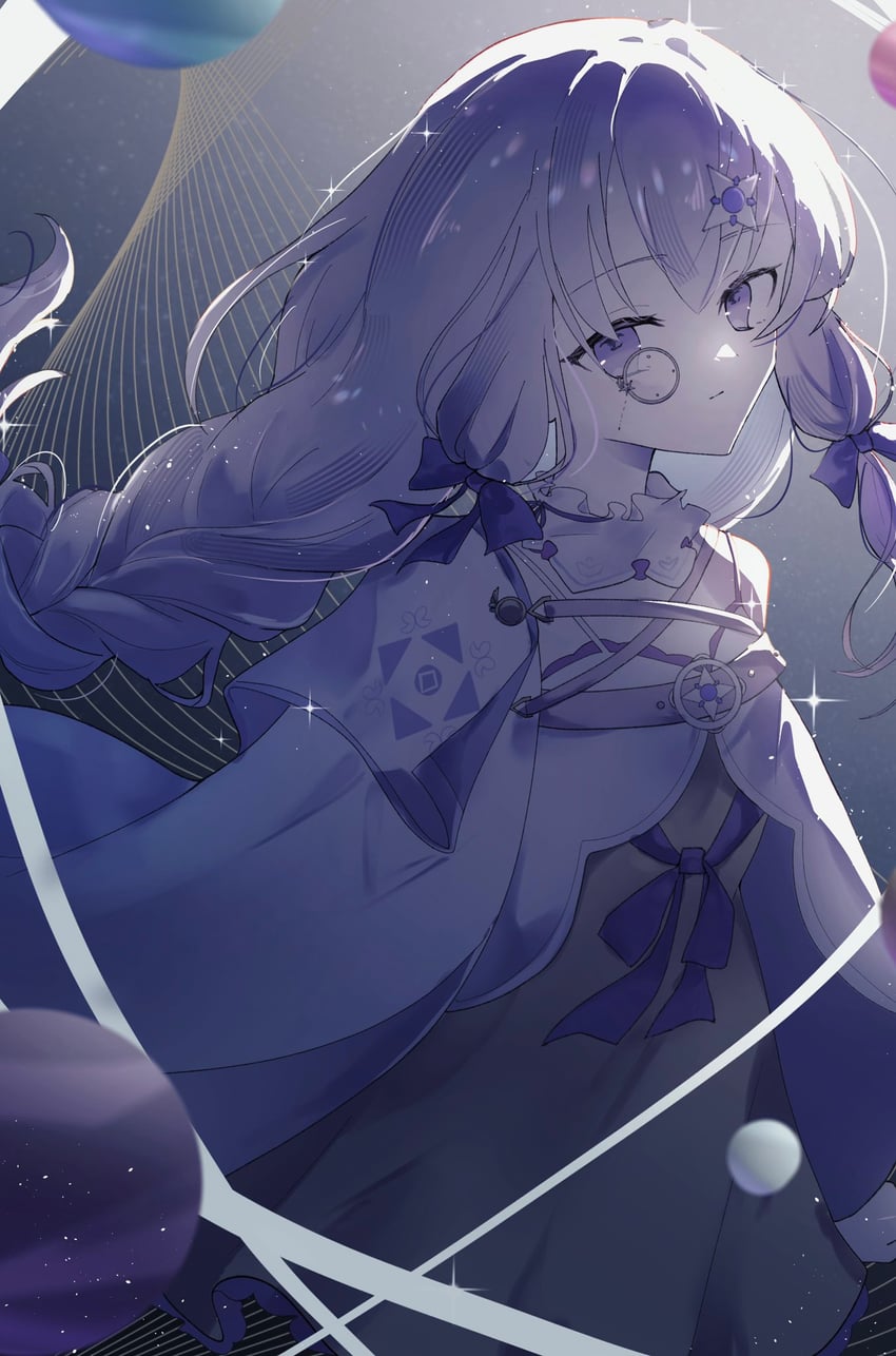 韵律源点 Arcaea、拉格朗日 (Arcaea) 1名女孩 露肩 蝴蝶结 辫子 闭嘴