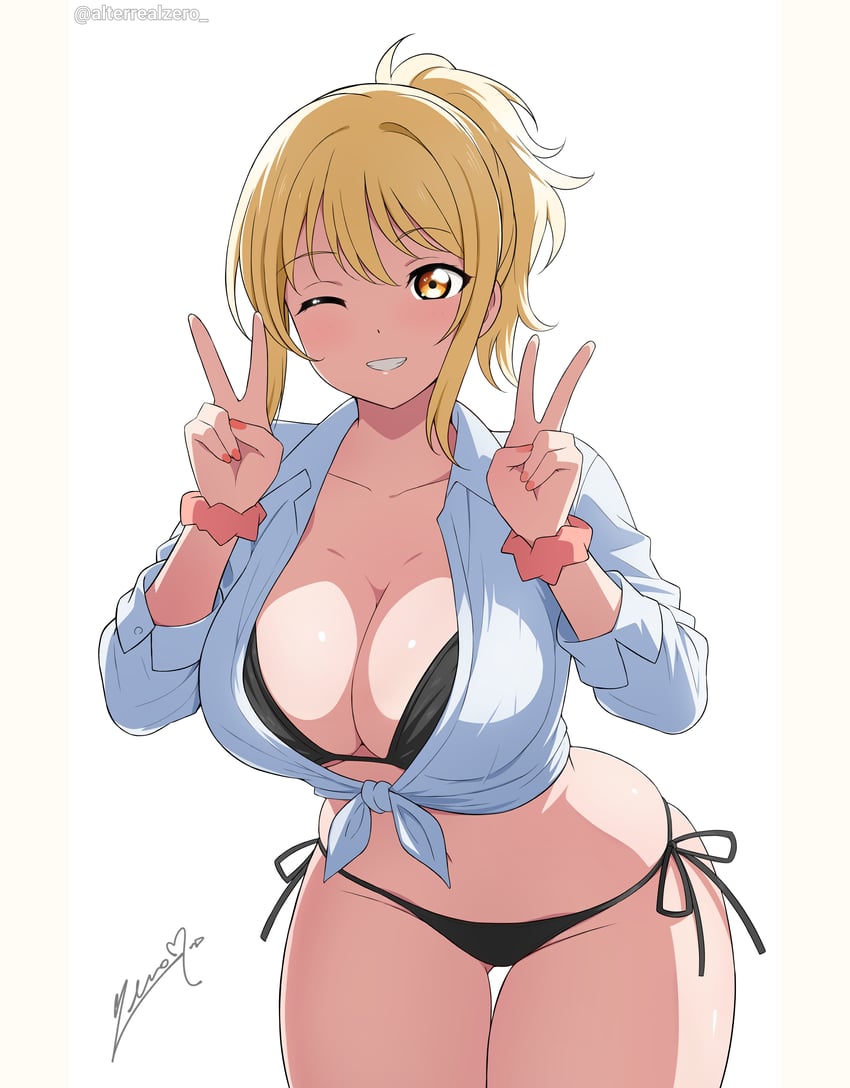 Love Live!、Love Live! 虹咲学园学园偶像同好会、宫下爱 1名女孩 举起双手 比基尼 黑色比基尼 金发