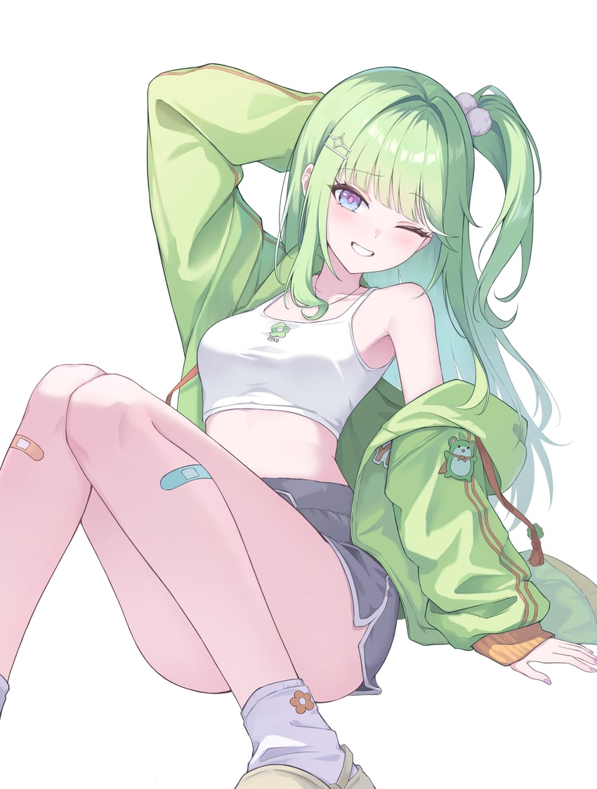 Stellive、Chico (yuzuha_riko)、柚叶莉子 1名女孩 手放在头后 创可贴 腿上的创可贴 蓝眼