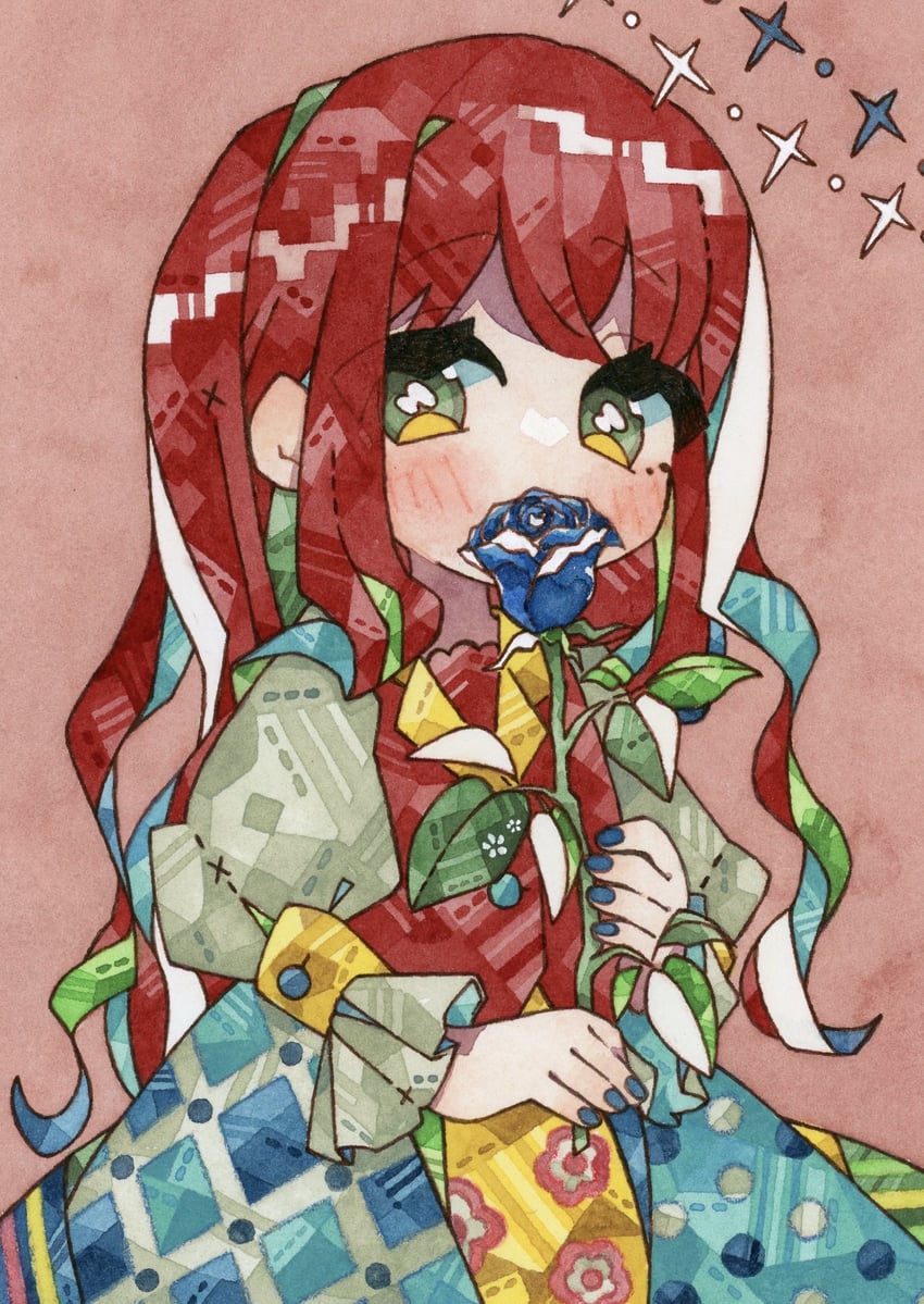 原创 1名女孩 蓝花 蓝玫瑰 连衣裙 花