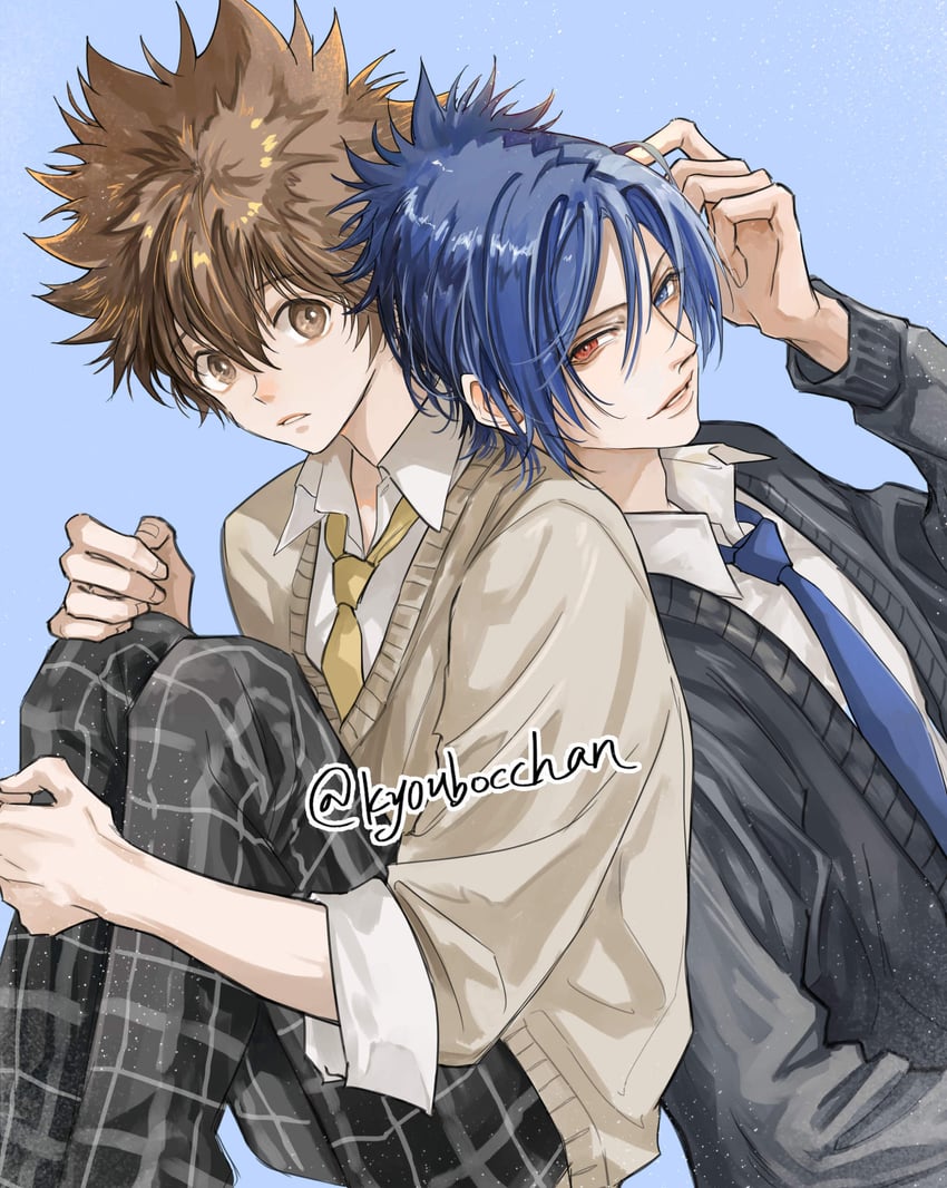 家庭教师HITMAN REBORN!、六道骸、泽田纲吉 2个男孩 举手 背靠背 美少年 黑色夹克