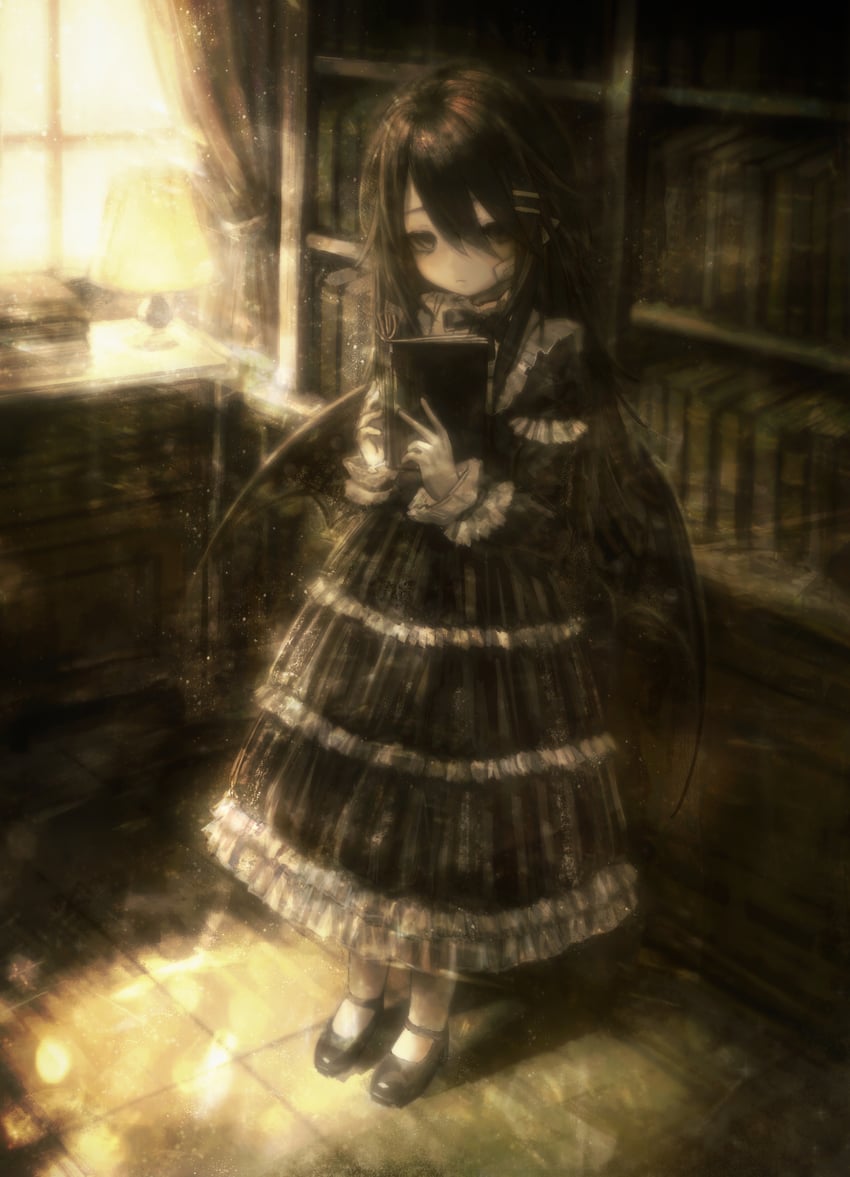 原创 1名女孩 书 书架 恶魔翅膀 连衣裙