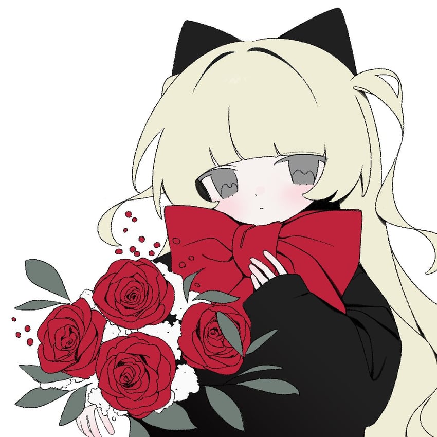 原创 1名女孩 黑色蝴蝶结 黑色毛衣 金发 花束