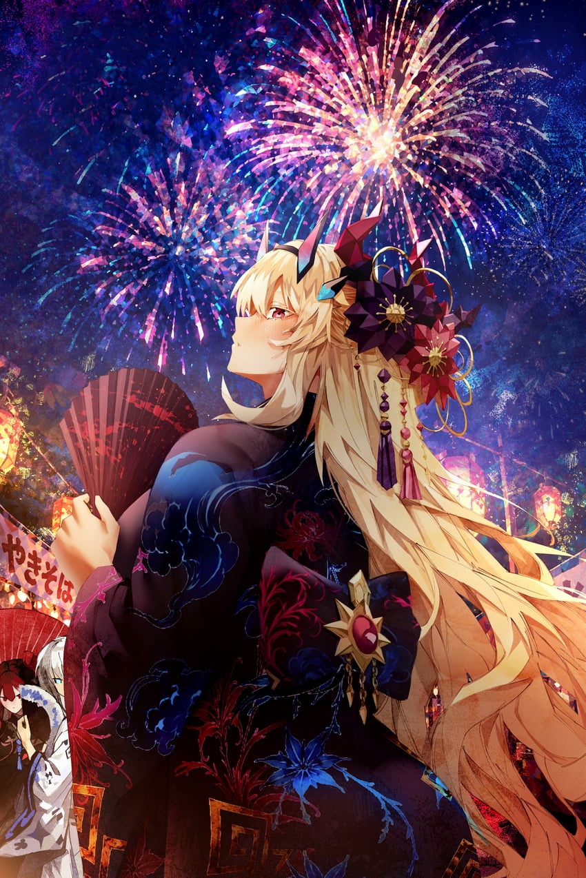 Fate/Grand Order、Fate系列、芭万·希 (Fate) 3人女子 黑色和服 金发 脸红 祭典/节日