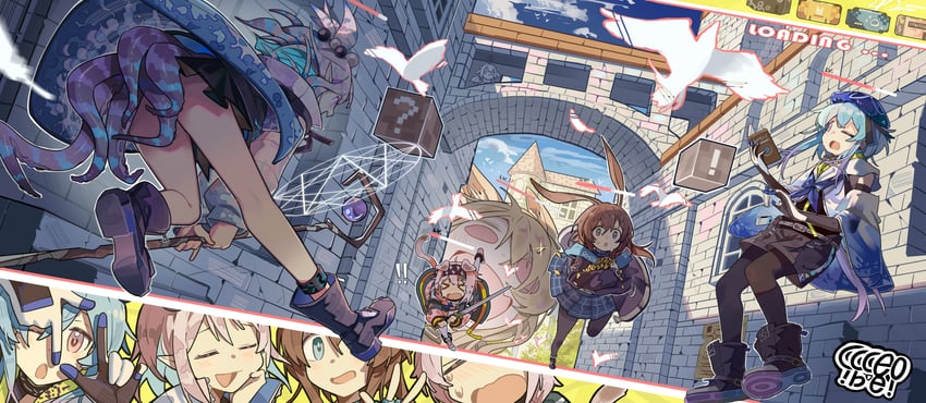 明日方舟、阿米娅 (明日方舟)、刻俄柏 !方块 1名男孩 4个女孩 闭眼挤眼 问号箱