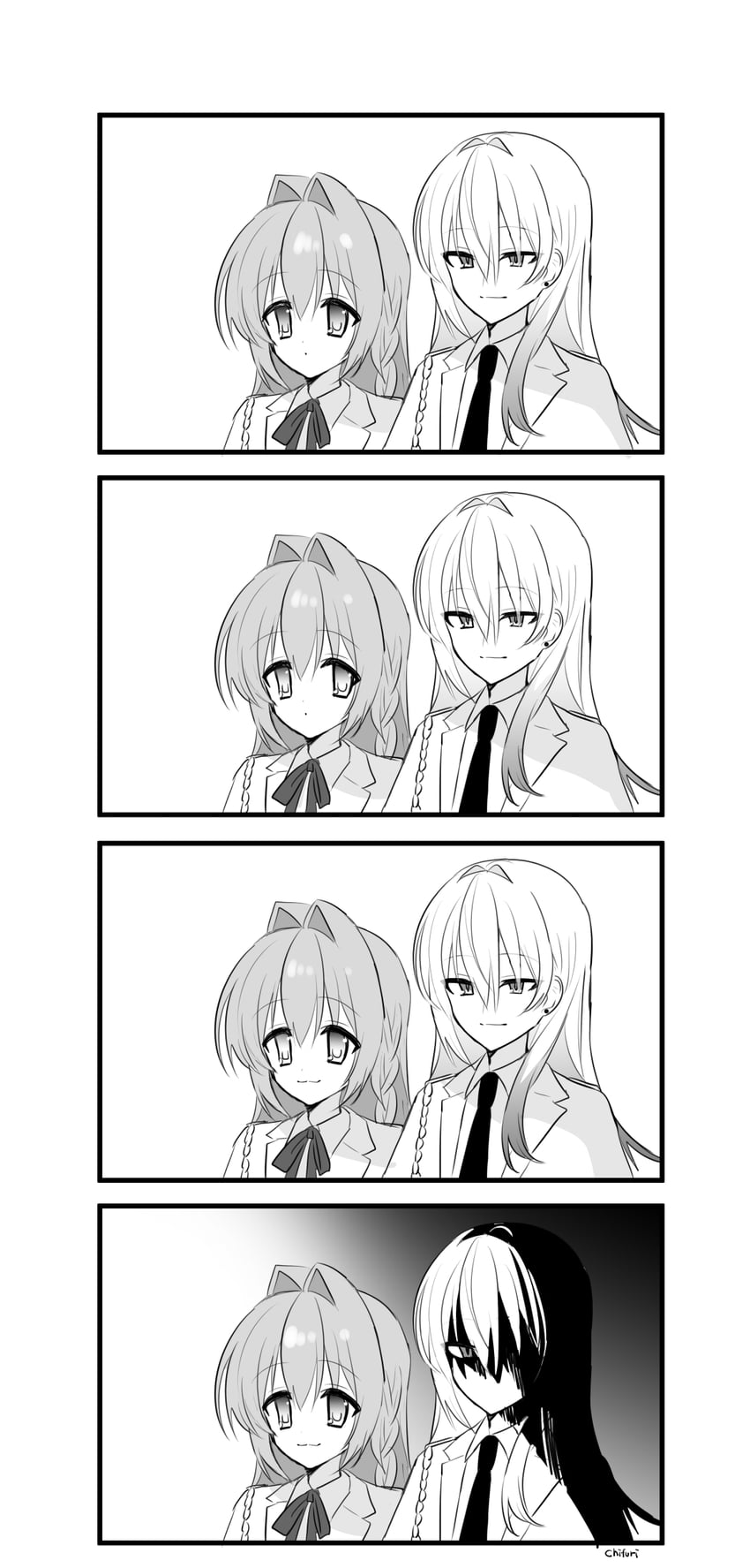 原创、恩德 (Chihuri)、尼娅 (千降) 2名女孩 四格漫画 辫子 闭嘴 有领衬衫