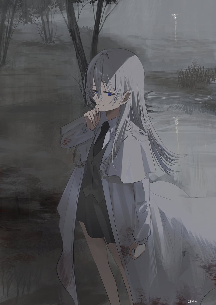 原创、恩德 (Chihuri) 1名女孩 黑色领带 血 衣服上的血迹 蓝眼