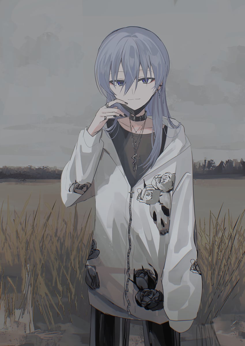 原创、恩德 (Chihuri) 1名女孩 黑色指甲 黑裤子 黑衬衫 蓝眼