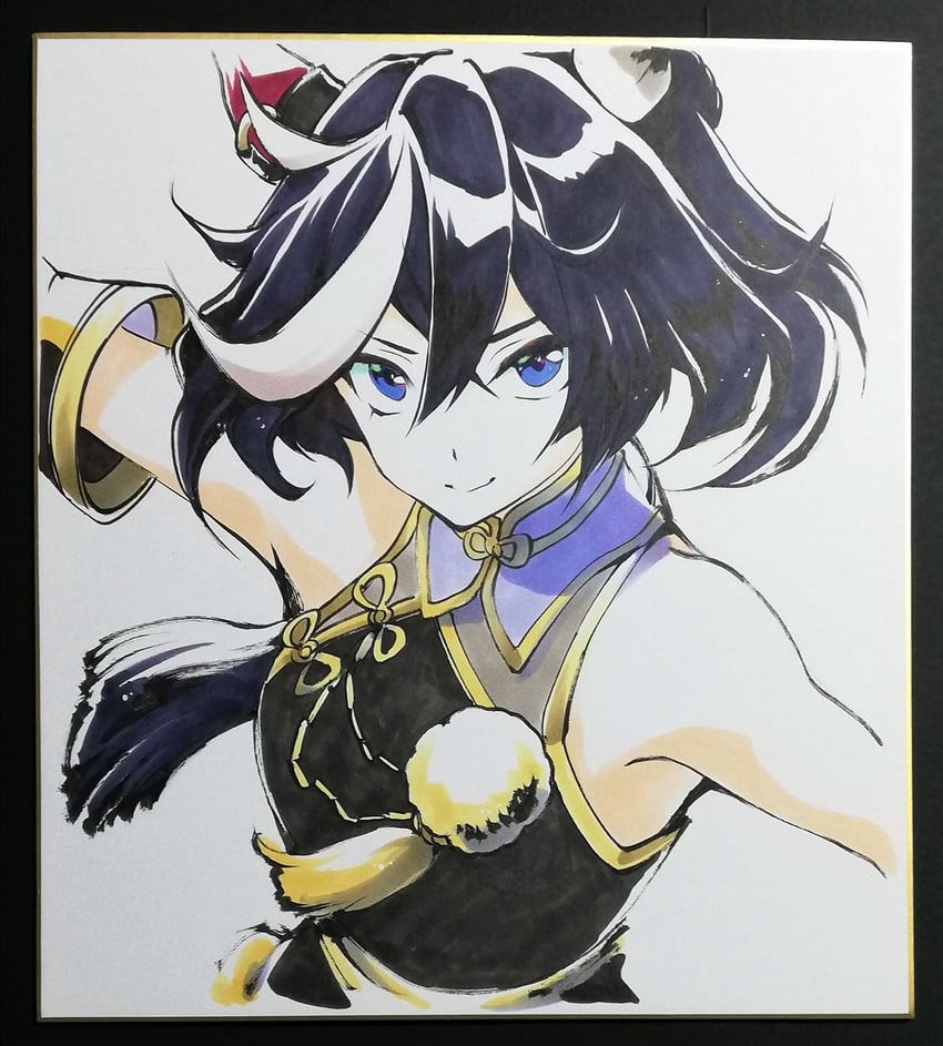 赛马娘、葛城王牌 (笔名：墨龙) (赛马娘)、葛城王牌 (赛马娘) 1名女孩 兽耳 露肩 黑发 黑衬衫