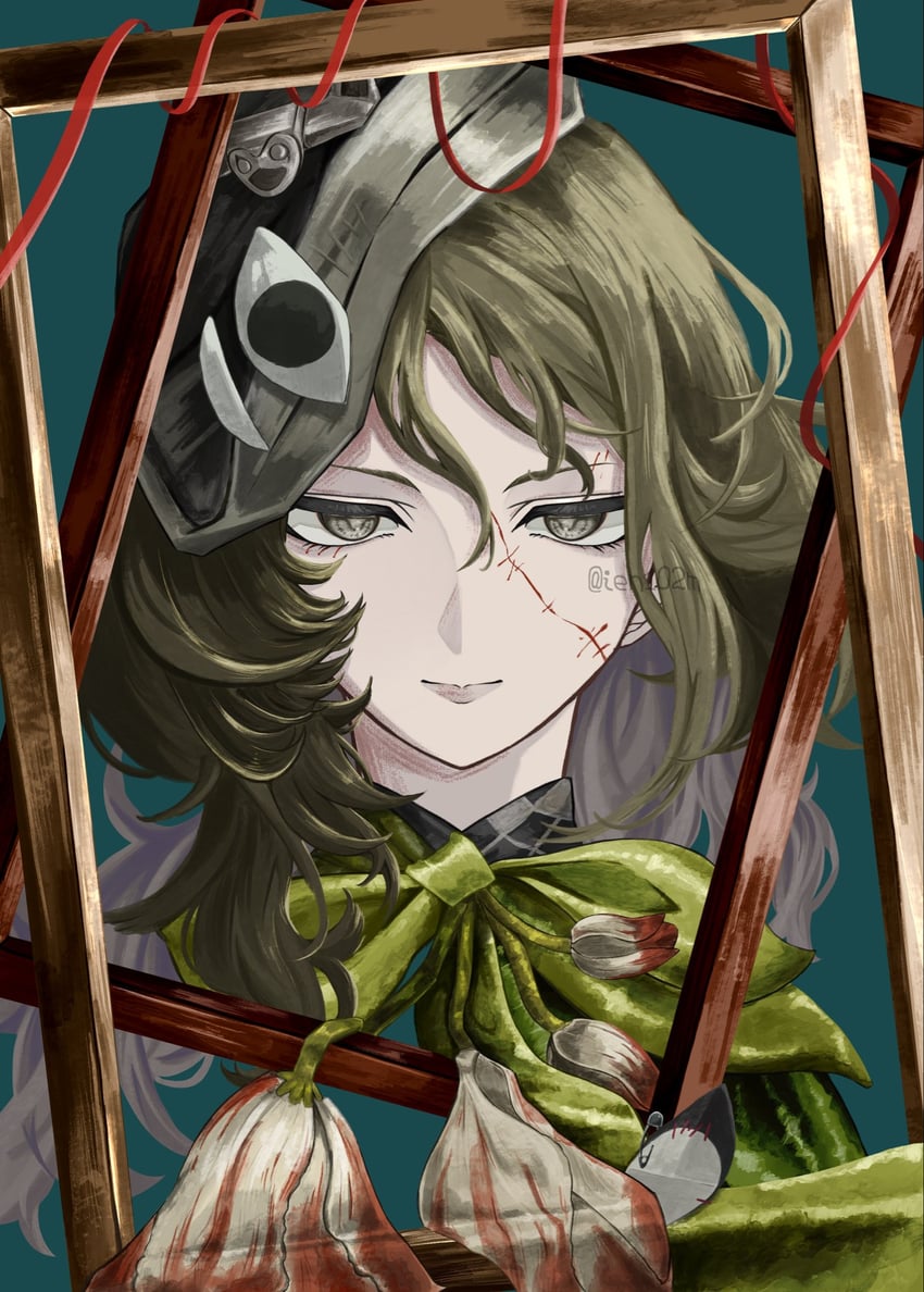 重返未来：1999、咔嚓咔嚓 (重返未来：1999) 1名女孩 蓝色背景 闭嘴 花 绿色领巾