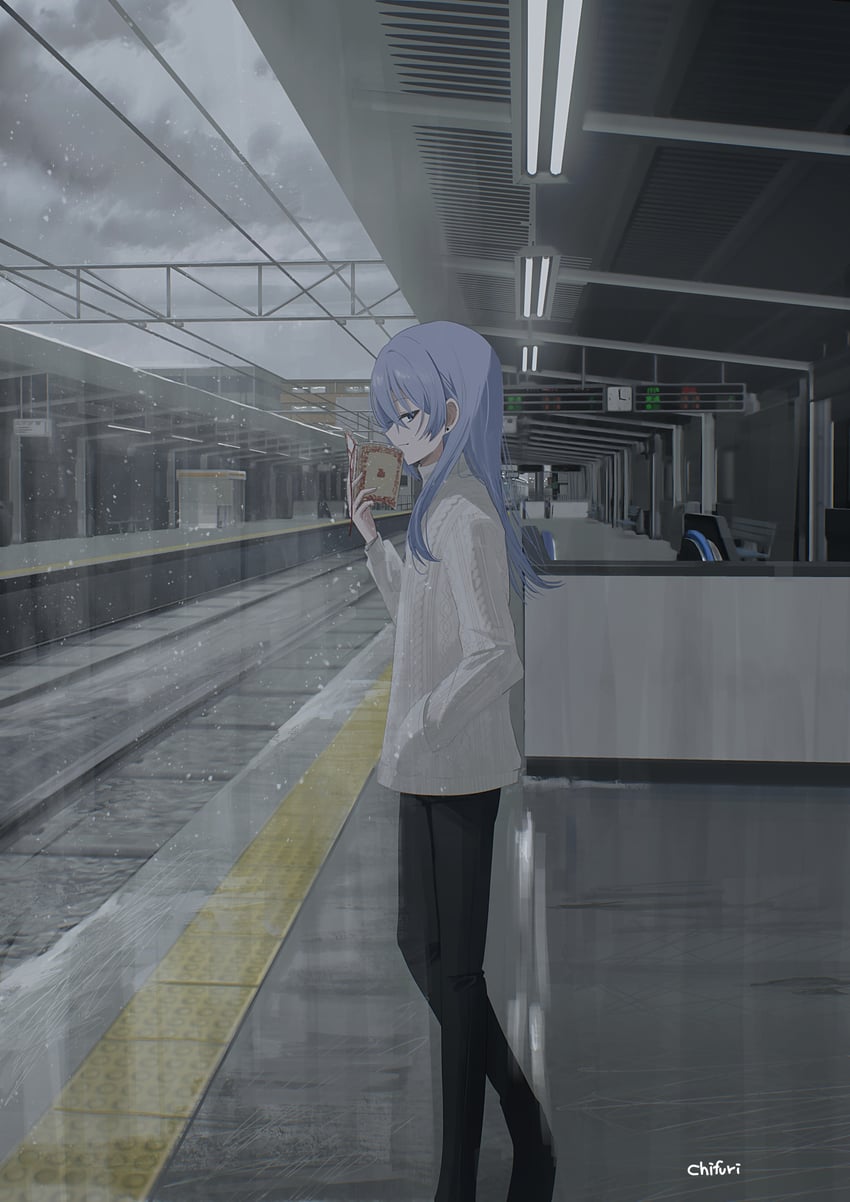 原创、恩德 (Chihuri) 1名女孩 艾兰毛衣 黑裤子 蓝眼 蓝发