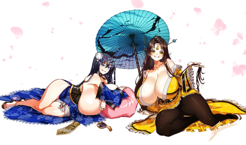 原创 2名女孩 黑发 黑色连裤袜 蓝发 蓝色和服