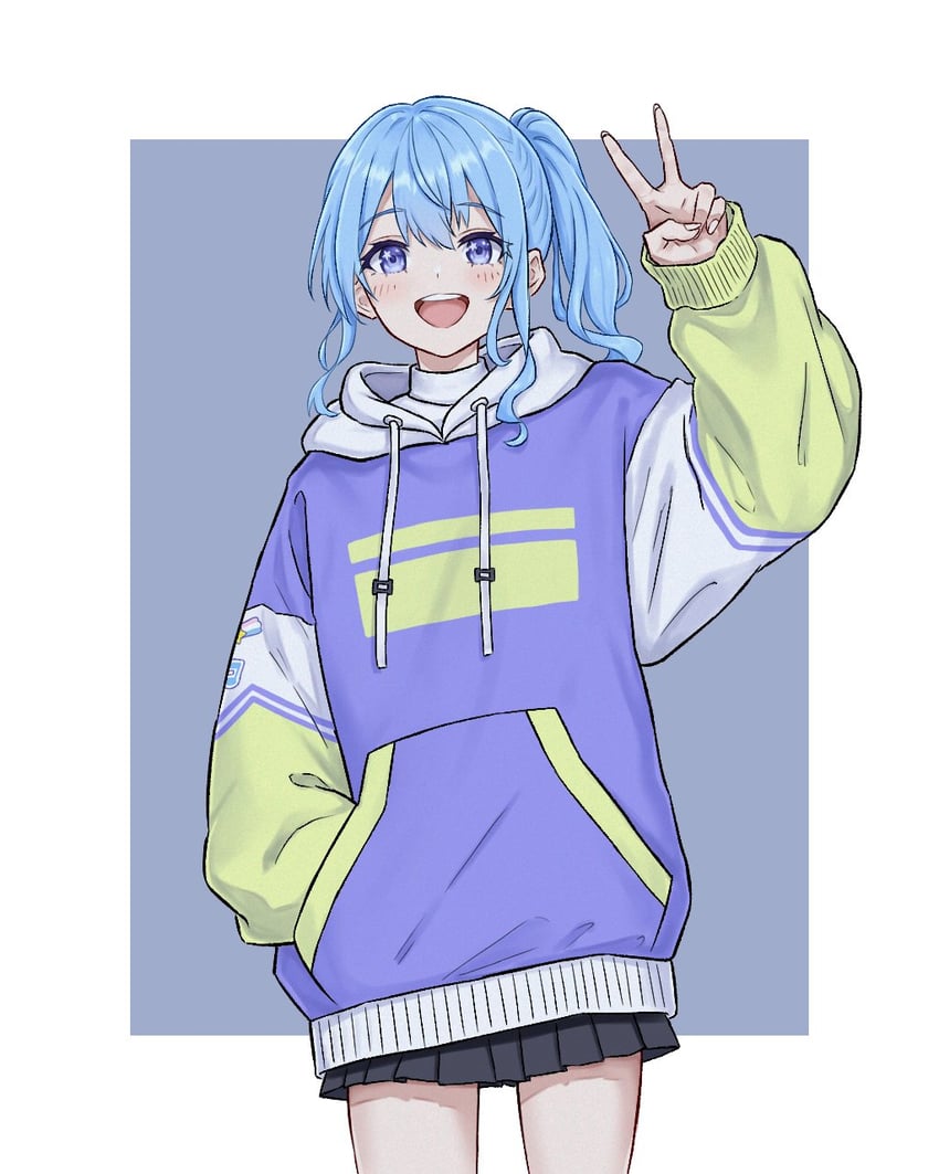 Hololive、星街彗星 1名女孩 蓝眼 蓝发 兜帽 连帽衫