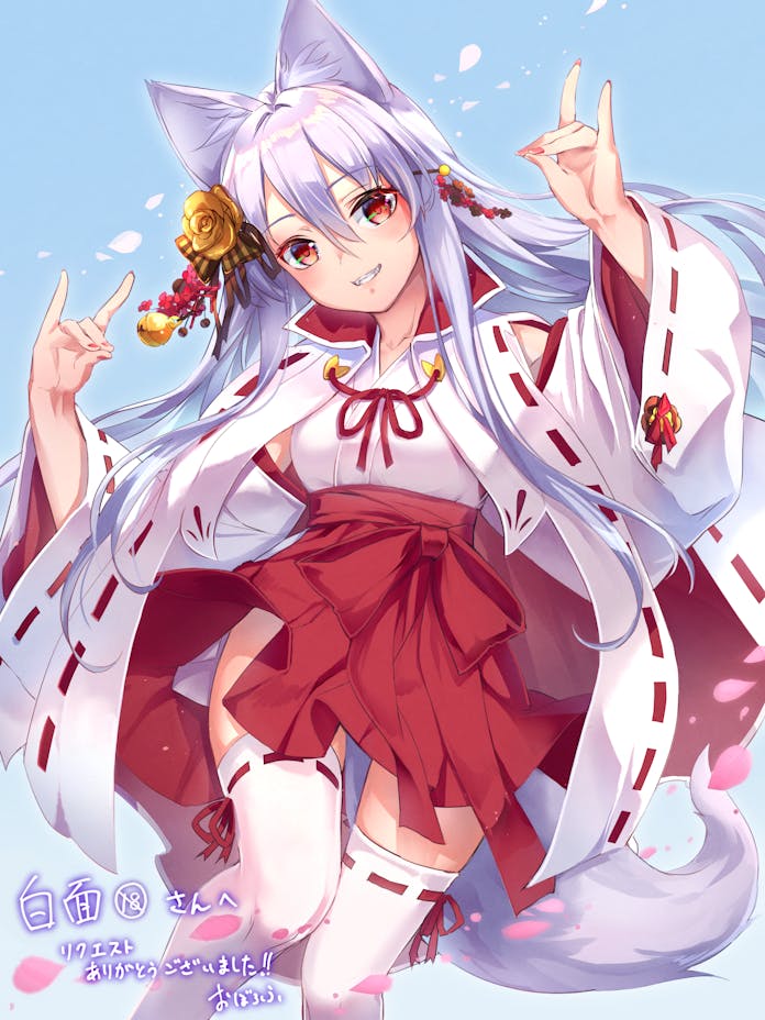 原创 1名女孩 兽耳 蓝天 花 花卉装饰