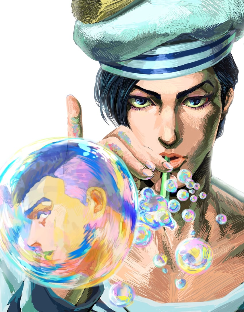 JOJO的奇妙冒险、乔乔福音、吉良吉影 (乔乔福音) 2个男孩 黑发 吹泡泡 蓝眼 气泡
