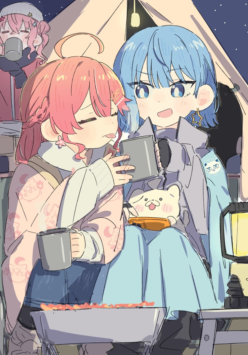 Hololive、星街彗星、犬地 (樱巫女) 3人女子 呆毛 毯子 蓝眼 脸红