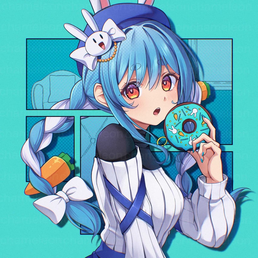Hololive、兔田佩克拉 1名女孩 兽耳 本戴点 蓝色背景 脸红