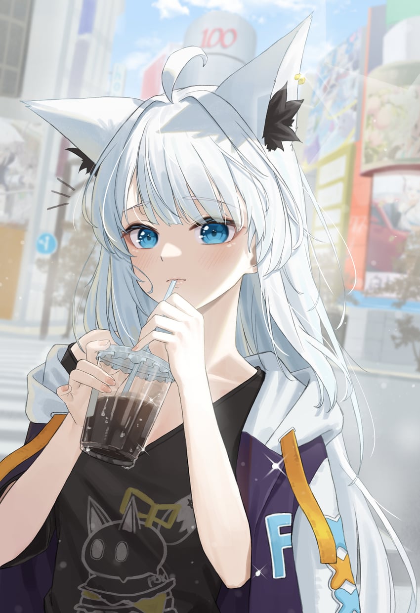 Hololive、白上吹雪、白上吹雪 (居家服) 1名女孩 呆毛 兽耳毛 兽耳穿孔 兽耳