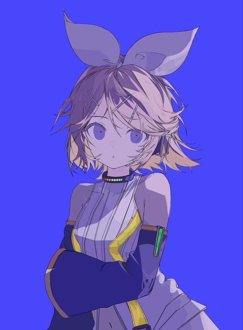 VOCALOID、镜音铃、镜音铃 (Append) 1名女孩 露肩 黑色袖子 金发 蓝色背景