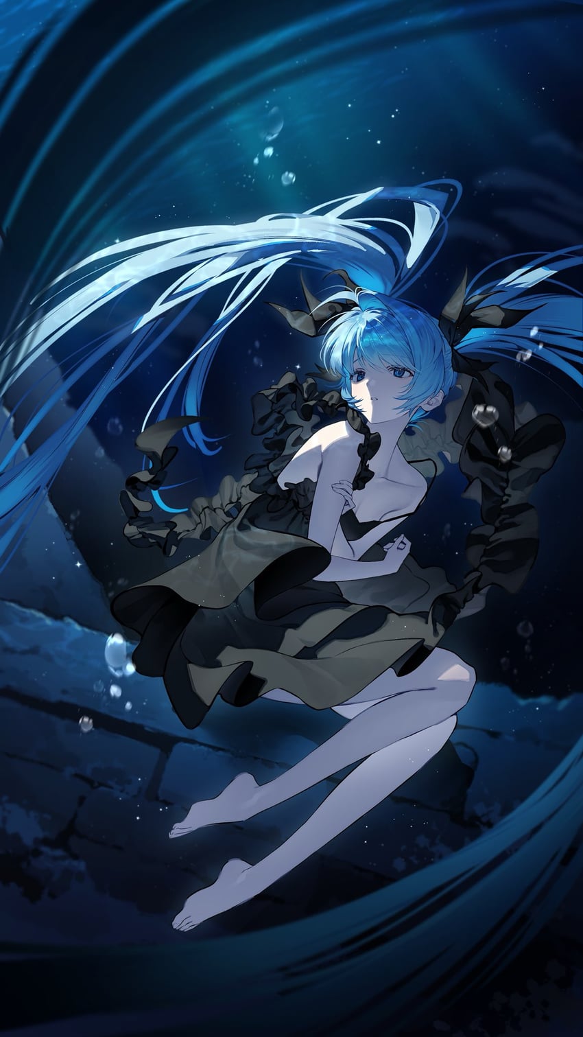 深海少女、VOCALOID、初音未来 1名女孩 气泡 裸臂 赤脚 黑色连衣裙
