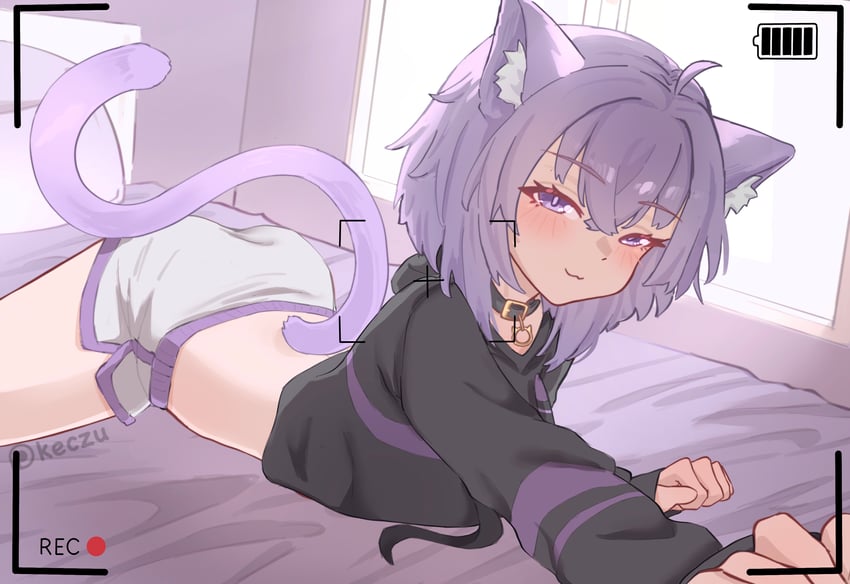 Hololive、猫又小粥、猫又小粥(第一套服装) 1名女孩 动物项圈 兽耳 卧室 黑色卫衣