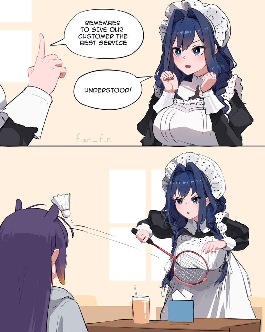 Hololive、一伊那尔栖、一伊那尔栖 (居家服) 两格漫画 3人女子 惊讶 围裙 羽毛球拍