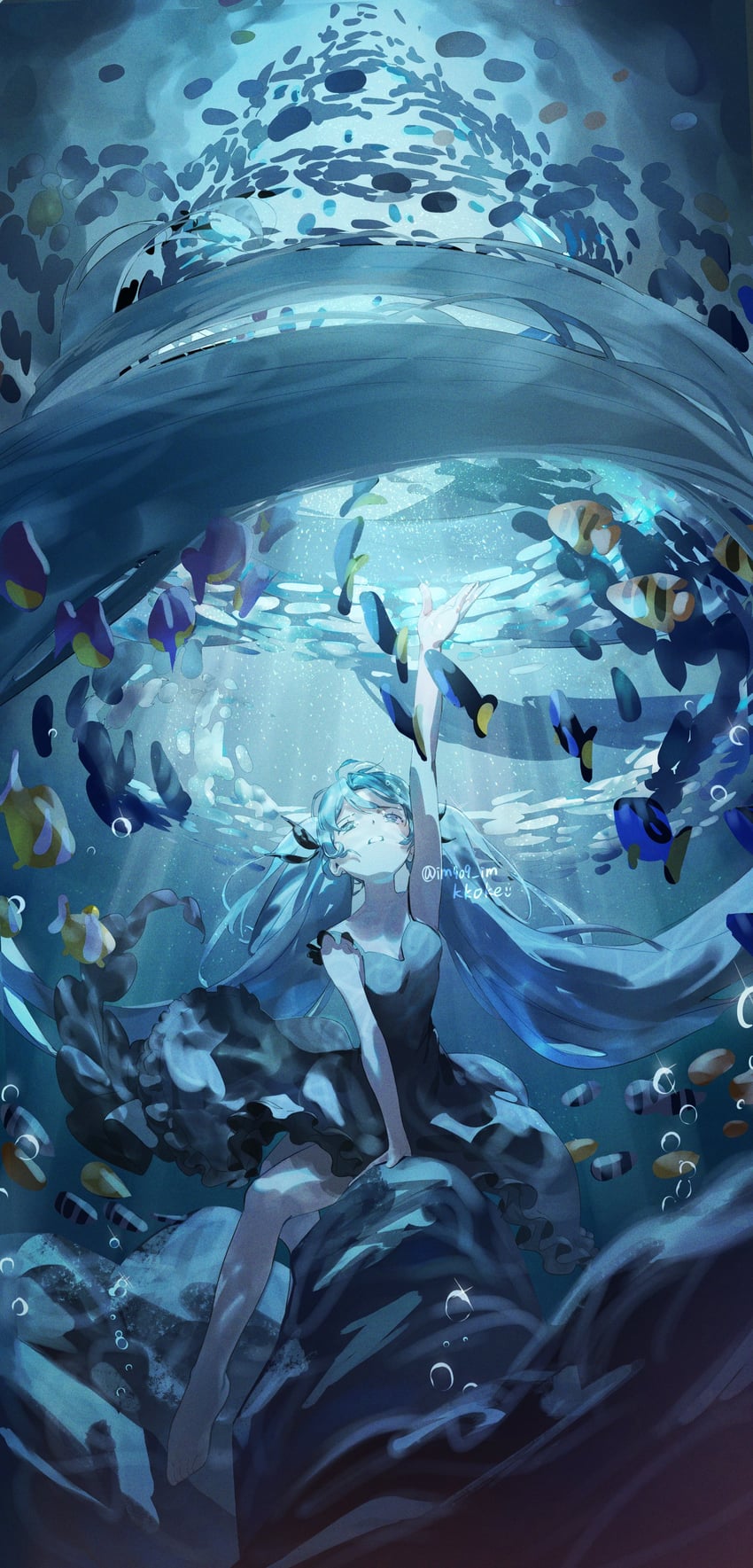 深海少女、VOCALOID、初音未来 1名女孩 荒谬的长发 气泡 举手 腋窝褶皱