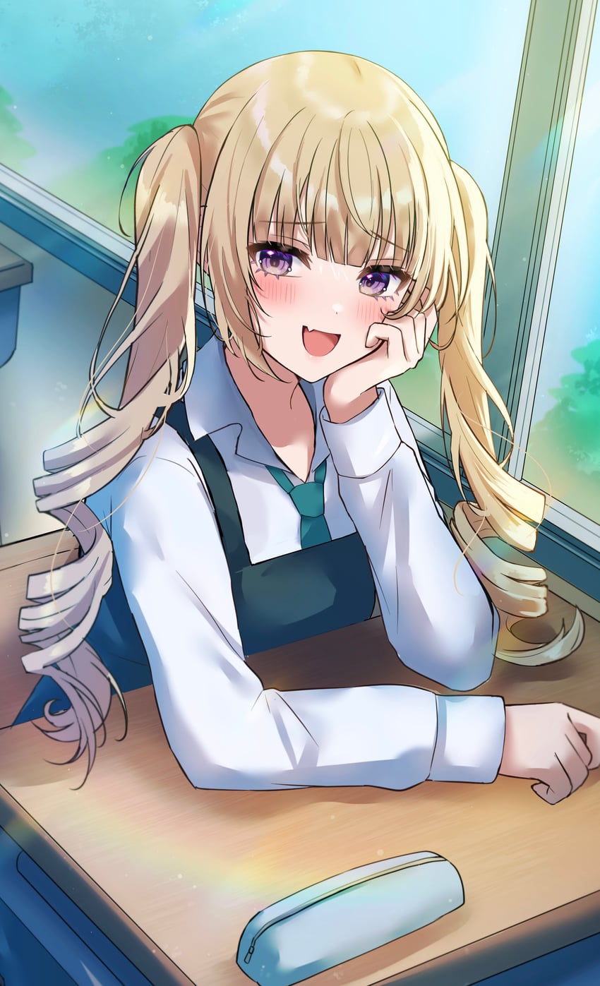 原创 1名女孩 水蓝色领带 黑色连衣裙 金发 脸红