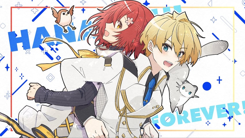 HOLOSTARS、花咲雅、花咲雅 (第一套服装) 2个男孩 :D 背靠背 鸟 黑衬衫