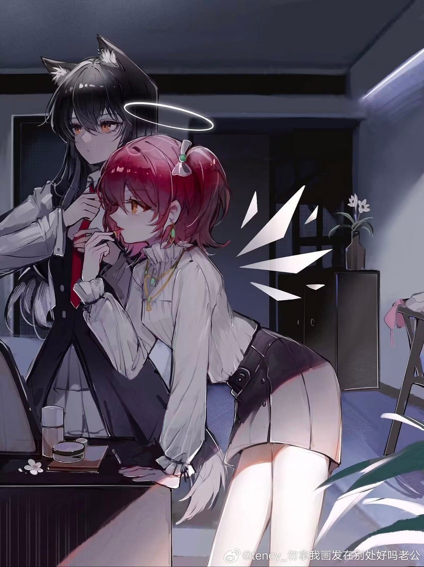 明日方舟、能天使 (明日方舟)、德克萨斯 (明日方舟) 2名女孩 天使翅膀 兽耳 黑发 化妆品