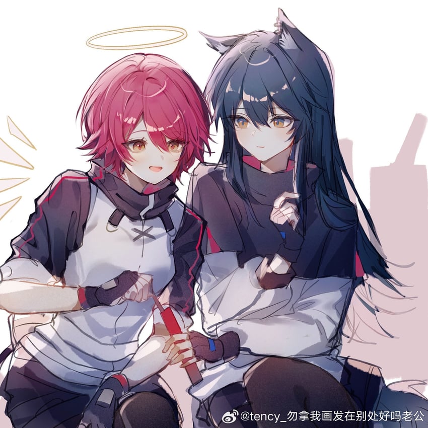 明日方舟、能天使 (明日方舟)、德克萨斯 (明日方舟) 2名女孩 天使翅膀 兽耳 黑发 黑色连裤袜