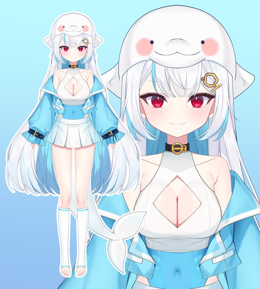 二次元插画 1名女孩 动物帽子 蓝发 蓝色夹克 乳房