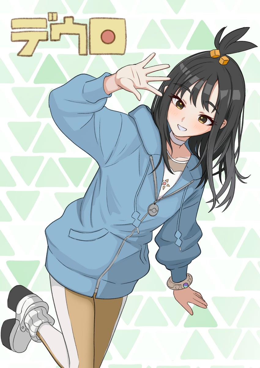 宝可梦、宝可梦传说：Z-A、丽多 (宝可梦) 1名女孩 黑发 蓝色连帽衫 项圈 方块发饰
