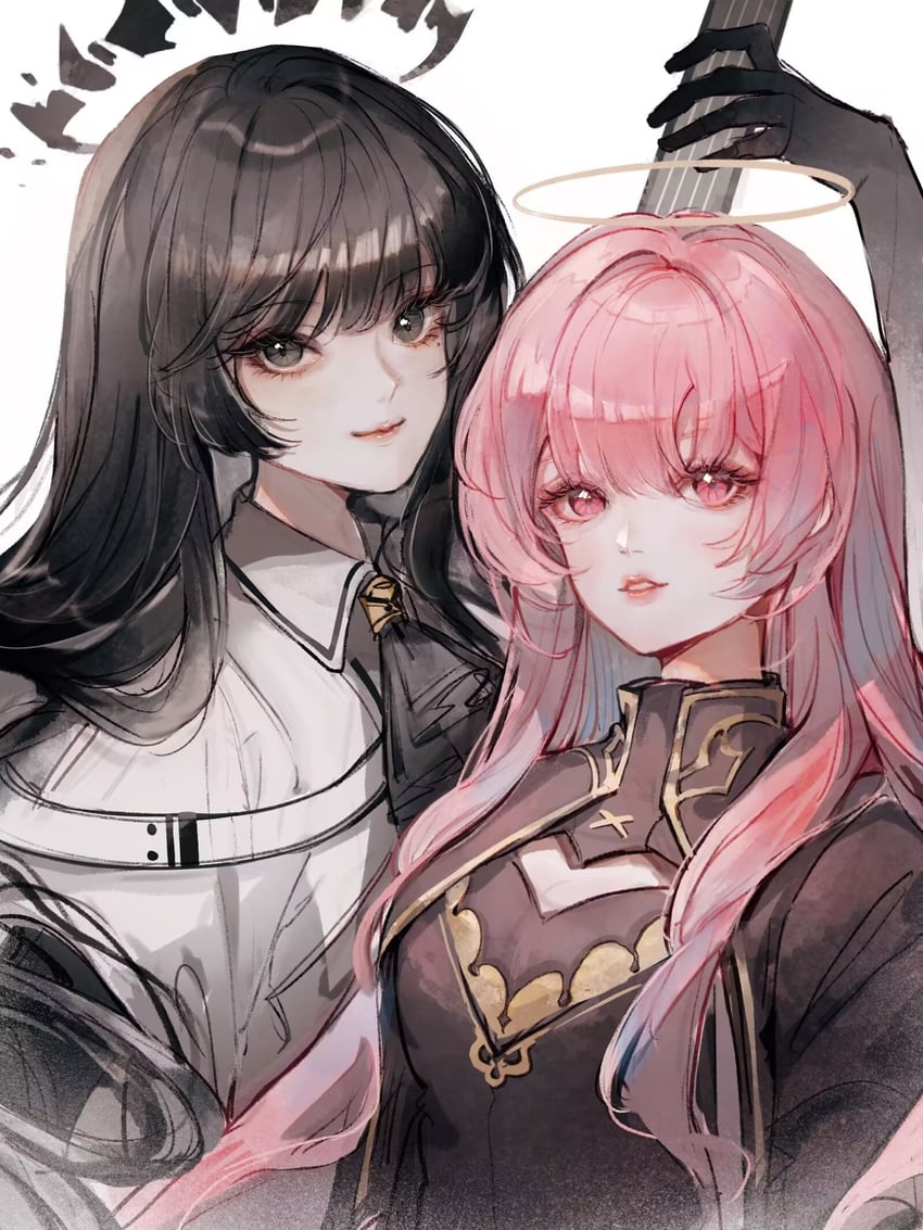明日方舟、蕾缪安 (明日方舟)、塑心 (明日方舟) 2名女孩 黑瞳 黑发 发丝垂在眼睛之间 光环