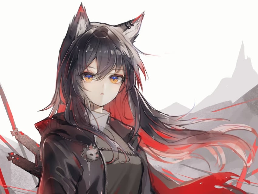 明日方舟、德克萨斯 (明日方舟)、缄默德克萨斯 1名女孩 兽耳 黑发 挂耳染 耳环