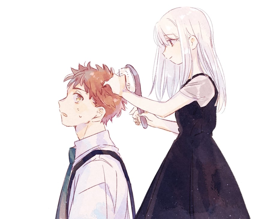 Fate/stay night、Fate系列、卫宫士郎 义兄弟姐妹 黑色连衣裙 乳房 兄妹 给他人梳头