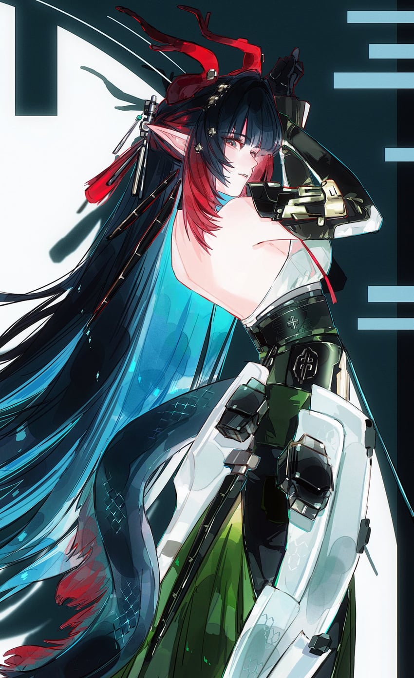 明日方舟、明日方舟：终末地、庄芳怡 (明日方舟) 1名女孩 抽象背景 裸背 黑发 蓝发